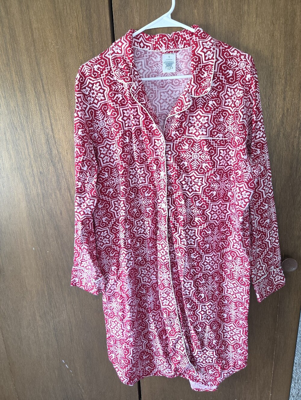 Lands' End Red and White Nordic Snowflake Flannel Cotton Night Shirt Dress - 18